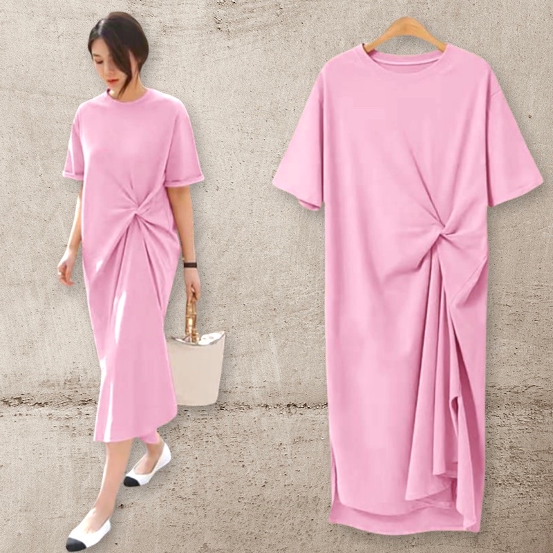 Dress Slim Polos Korean / dress bodycon import / Basic Knotted Long Dress Wanita Casual Lengan Pendek C282 (L )