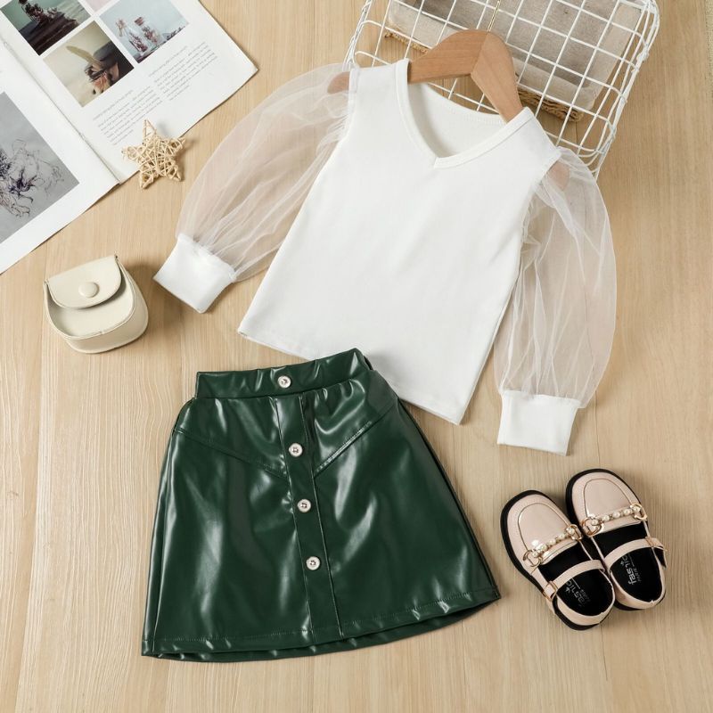 SET SETELAN ANAK PEREMPUAN KOREA SET DENGAN ROK KULIT DAN ATASAN PUTIH IMPORT READY STOCK COD