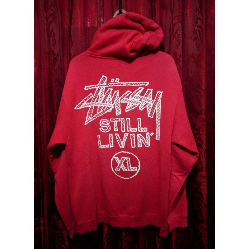 Stussy Original Hoodie Vintage Stussy Still Livin' XL jaket Red zip Crewneck preloved