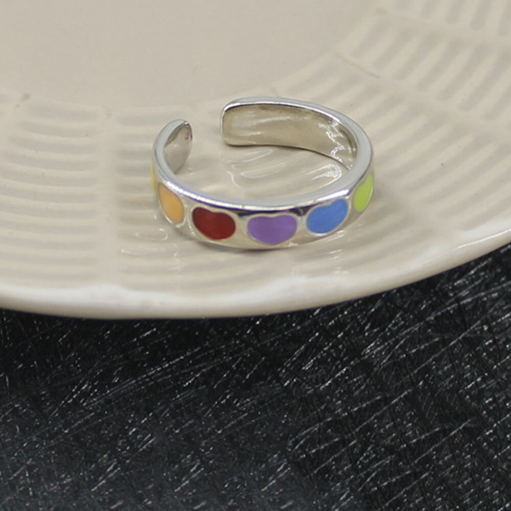 Cincin Model Terbuka Desain Hati Enamel Warna-Warni Gaya Vintage Untuk Wanita