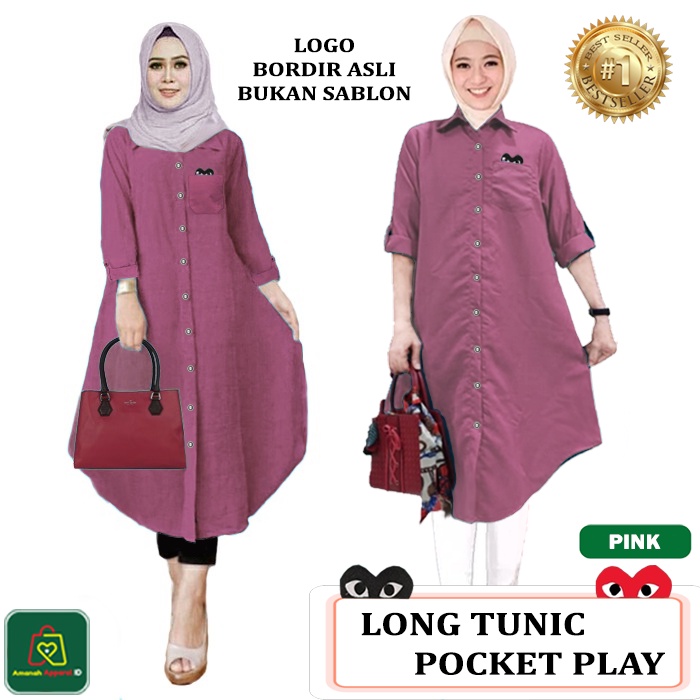 Baju Atasan Tunik LONG TUNIC PLAY POCKET JUMBO Wanita Muslim Bahan Katun Emboss Premium Size XL-XXL / 17656 17659