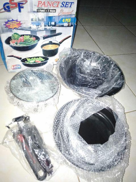 Panci Set Enamel Gsf G-2630 Frypan Tutup Kaca Wajan Wok Dan Saucepan