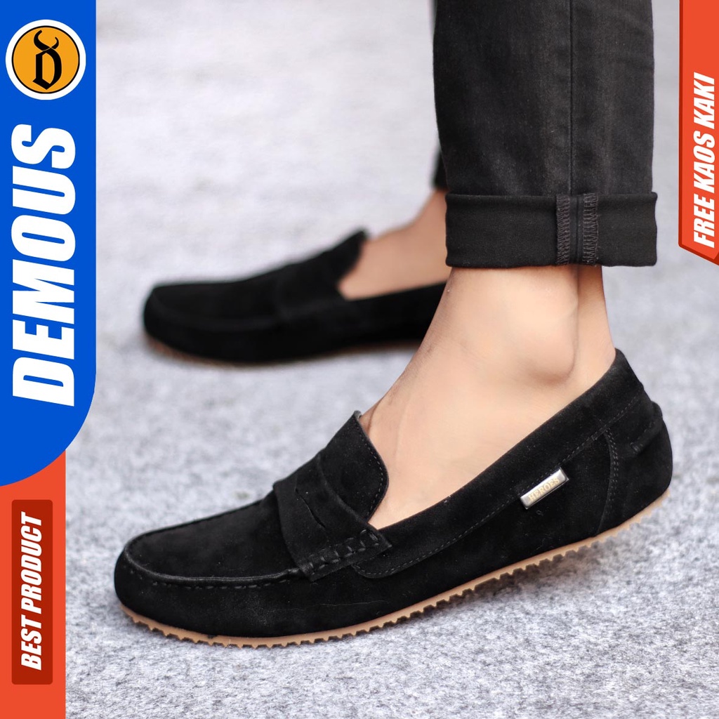 Demous Noah Sepatu Slip on Pria Santai Casual Formal Suede Kerja Kantor Kuliah Hitam