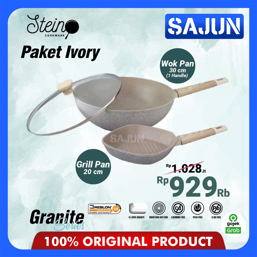 STEIN Cookware PAKET IVORY Granite Wok 30 Cm + Grill Pan 20 Cm