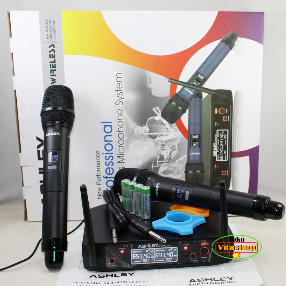 MICROPHONE ASHLEY PERFECTION MIC WiIRELESS 2 HANDLE MIKROFON KARAOKE SUARA JERNIH