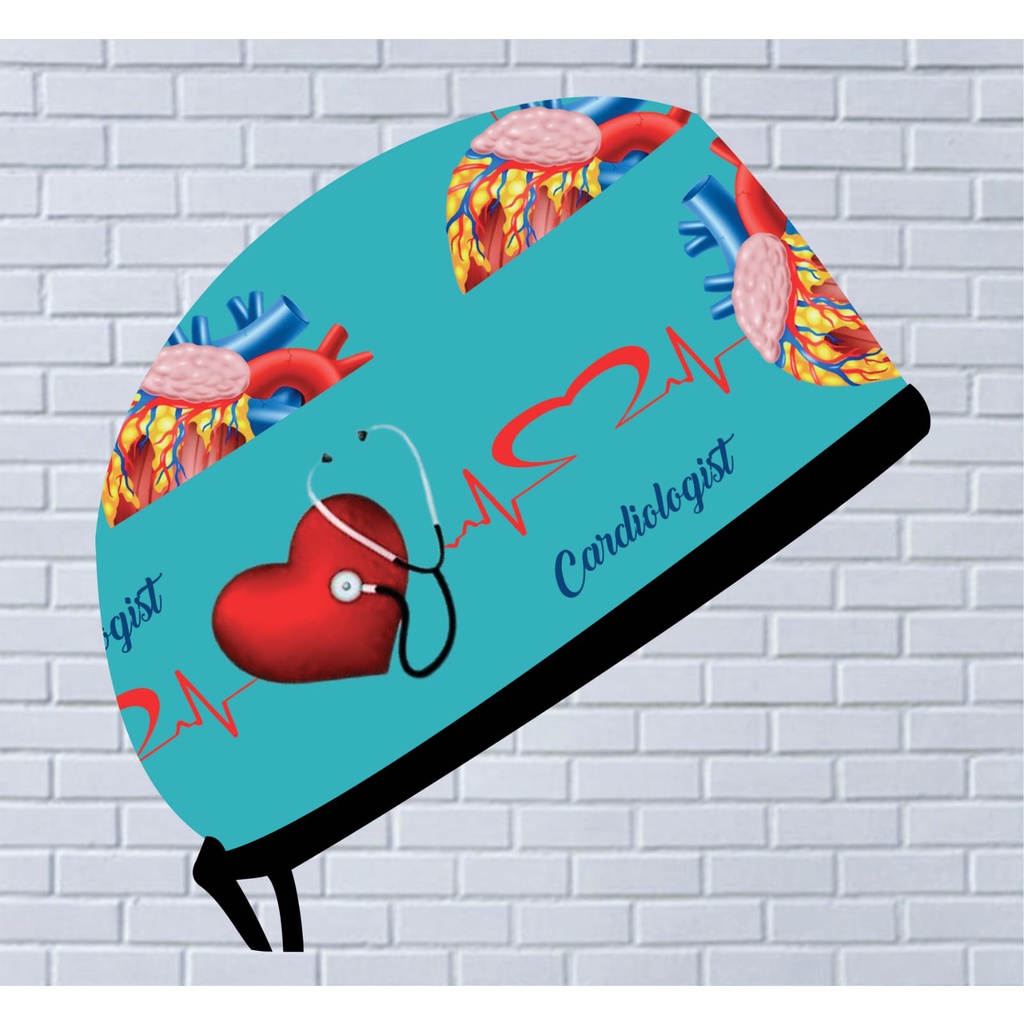 Head Cap /Topi Medis / Scrub Hat / Surgical Cap Motif Cardiologist