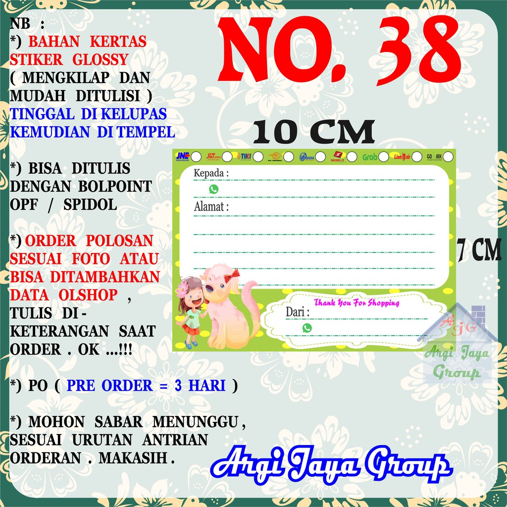 

Stiker Pengiriman - Sticker Alamat Olshop Murah Nomer 38 - 10x7 cm - Glossy