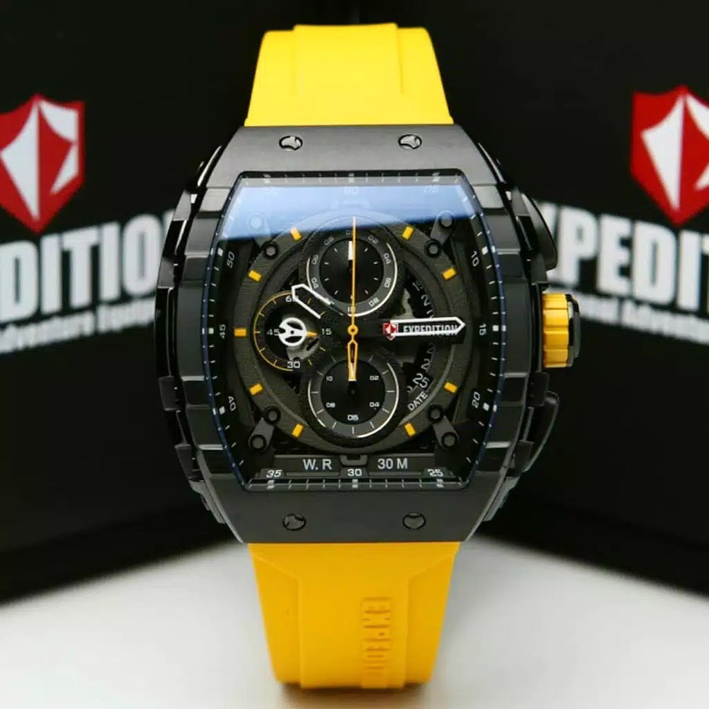 Jam Tangan Original Expedition E 6751 pria tali karet kuning hitam lis kuning