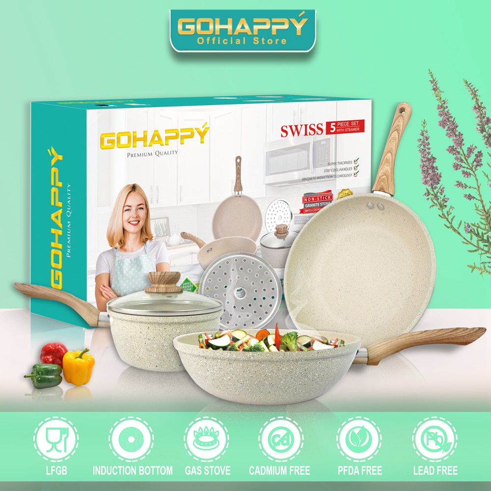 GOHAPPY Panci Swiss granite stone isi 5 piece | Premium cookware set | GHS05