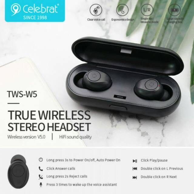 Celebrat : TWS-W5 V5.0 - Bullet Wireless Earbud Ergonomic