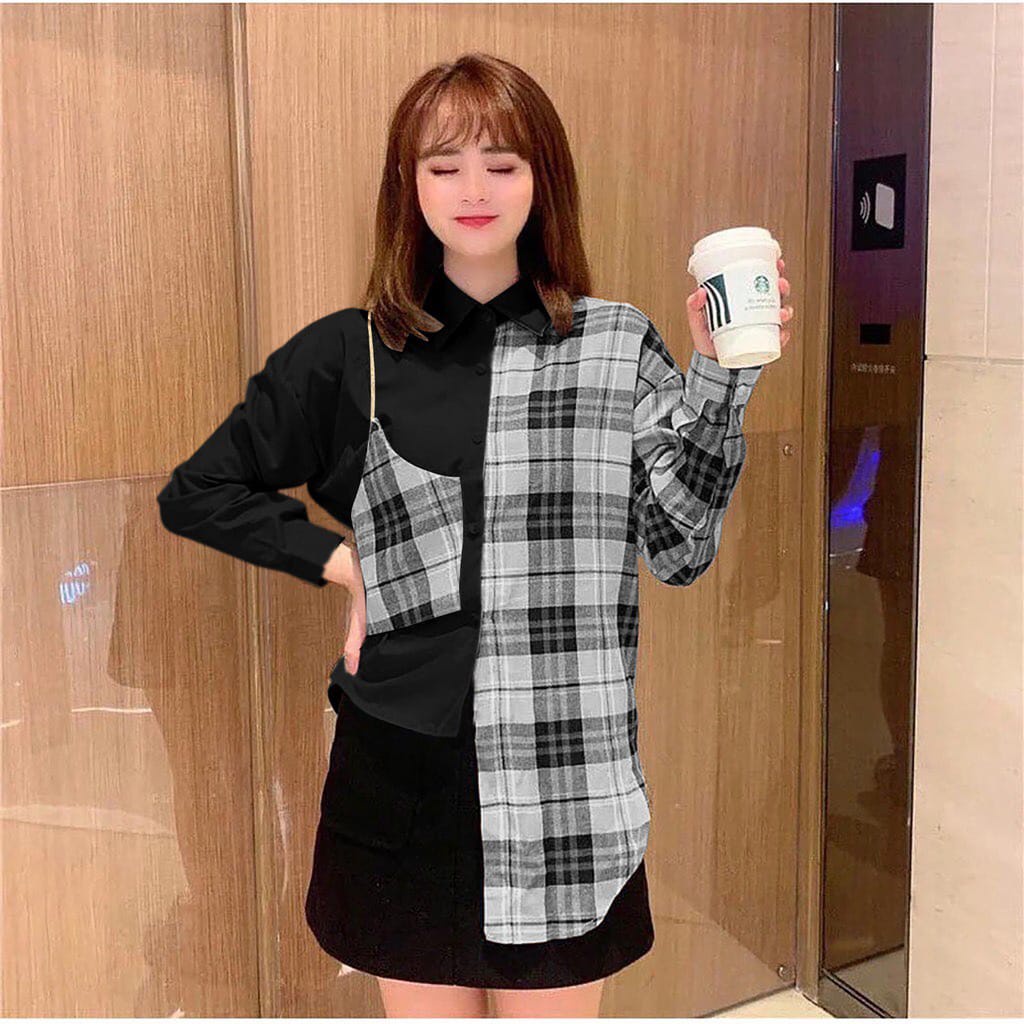 BEFAST - ZEC Kemeja JHYIA / Evolet Blouse / Kemeja Wanita Keluaran Terbaru / Kemeja Combinasi / Kemeja OOTD Ala Style Korean Wanita / Kemeja Hits / Kemeja Trendy