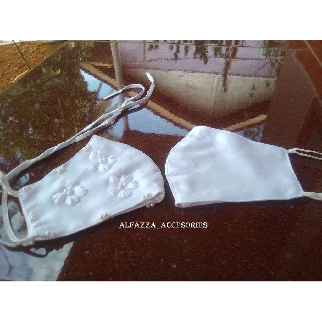 [putih] masker akad putih mutiara/ masker akad pengantin headloop/ masker premium/ masker wedding