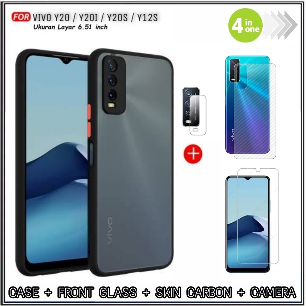 PAKET 4IN1 Case Vivo Y20 , Y20S , Y20i , Y12S Hard Soft My Choise Armor Matte Bumper Aero Dove Acrylic Shockprooft Transparent Matte Casing Hp Cover Dan Tempered Glass + Garskin &amp; Camera DI ROMAN ACC