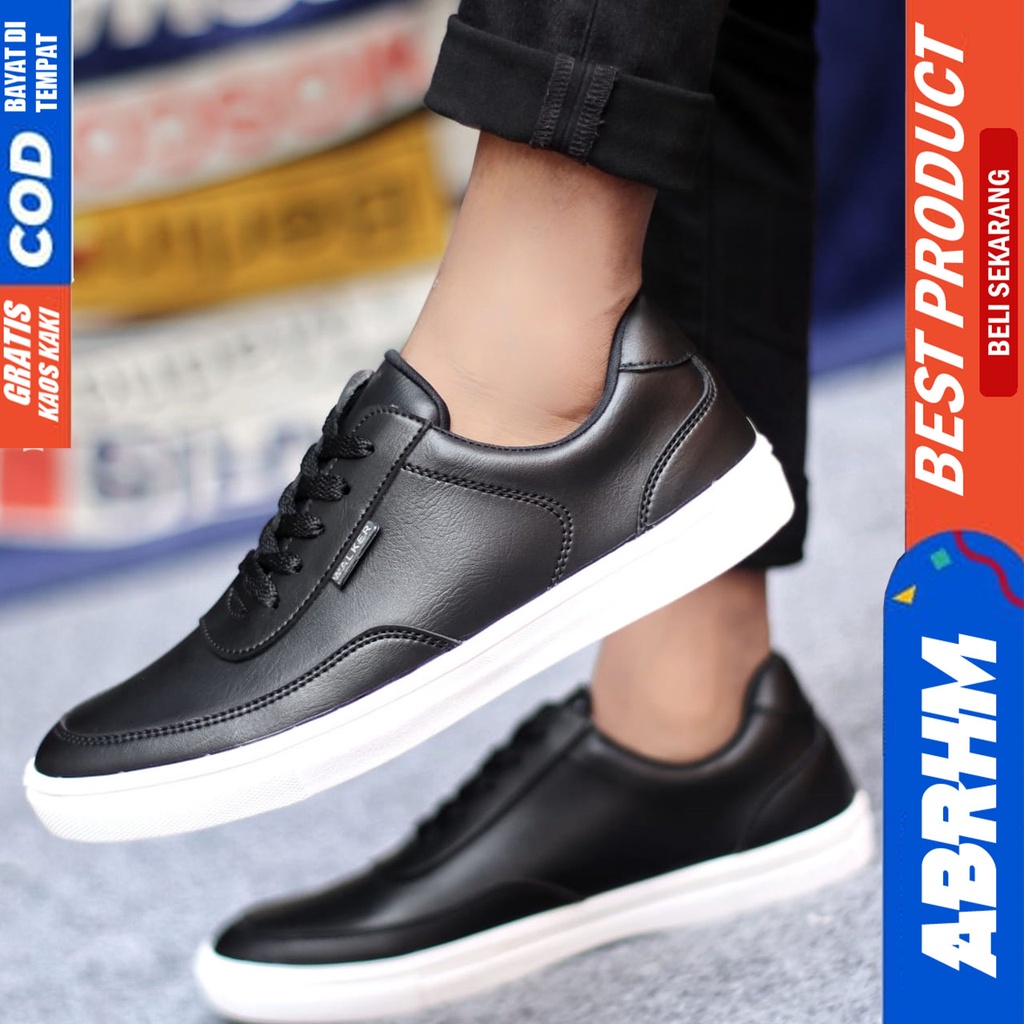 Sepatu Casual Pria Sneakers Hitam Kasual Kulit Pu Kekinian Kerja Kuliah Kantor Fashion Shoes Terbaru ABRHM TIAGO