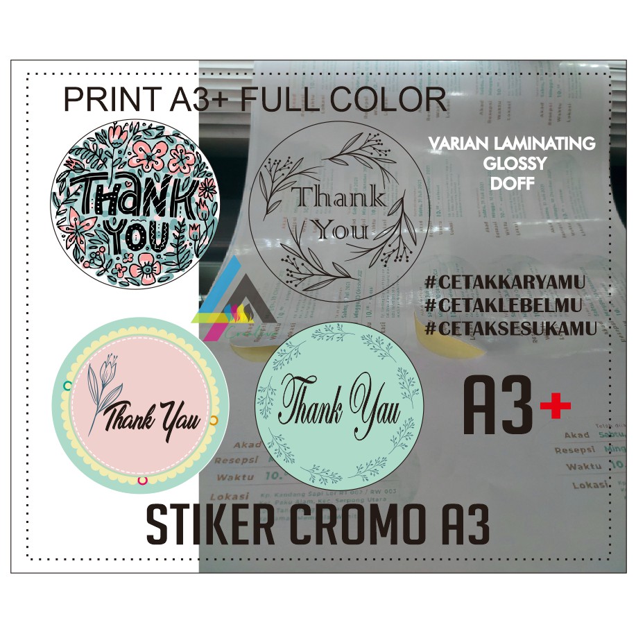 

PRINT A3+ CETAK FULL COLOR STIKER CROMO LABEL KEMASAN, LOGO, GAMBAR