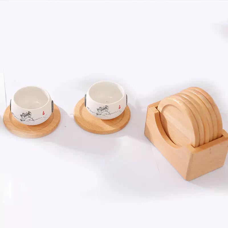 paket set tatakan alas cangkir gelas kayu isi 6pcs / wooden coaster set free wooden case / table pad