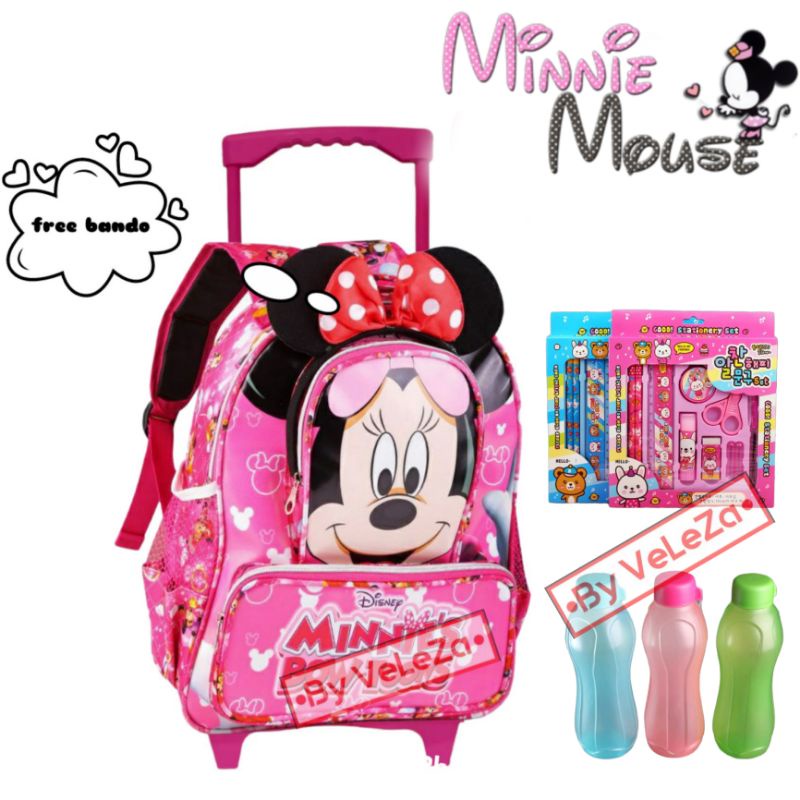 Tas ransel troli anak karakter minnie mouse gratis bando - tas anak - tas troli