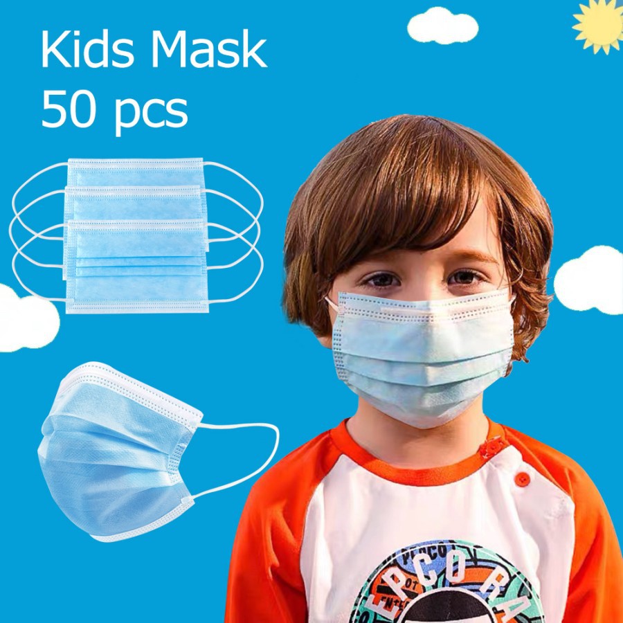 Masker Anak 3ply 50pcs polos Biru Kids Child Mask 3 ply Earloop