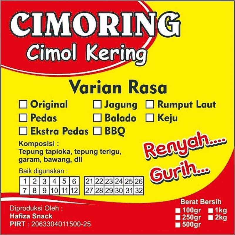 

cimoring 250 GRAM pedas gurih renyah asin dan beberapa farian rasa lainnya.