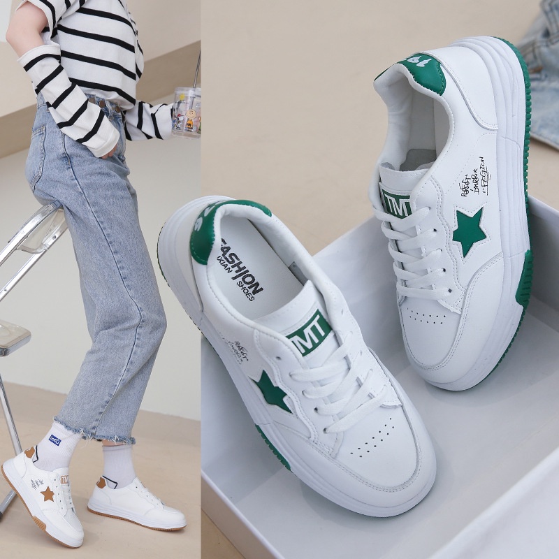 FREE KOTAK Sepatu Wanita Import Korean Style Hijau Khaki Motif Bintang Sneakers Cewek Shoes Kekinian Putih Hijau 035