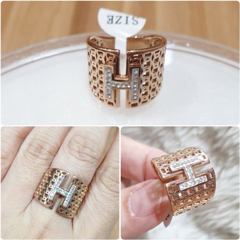 Cincin Titanium Asli rosegold Motif H premium quality anti karat anti alergi Ctt003