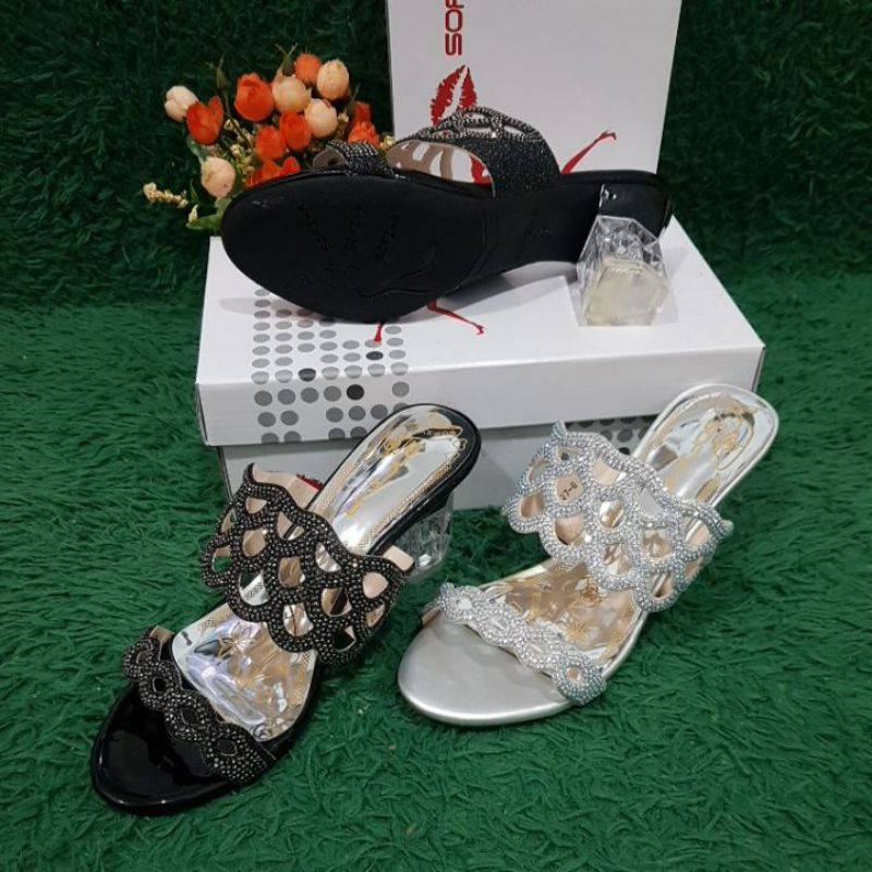 Sofiya sendal pesta tapak kaca#8027-6