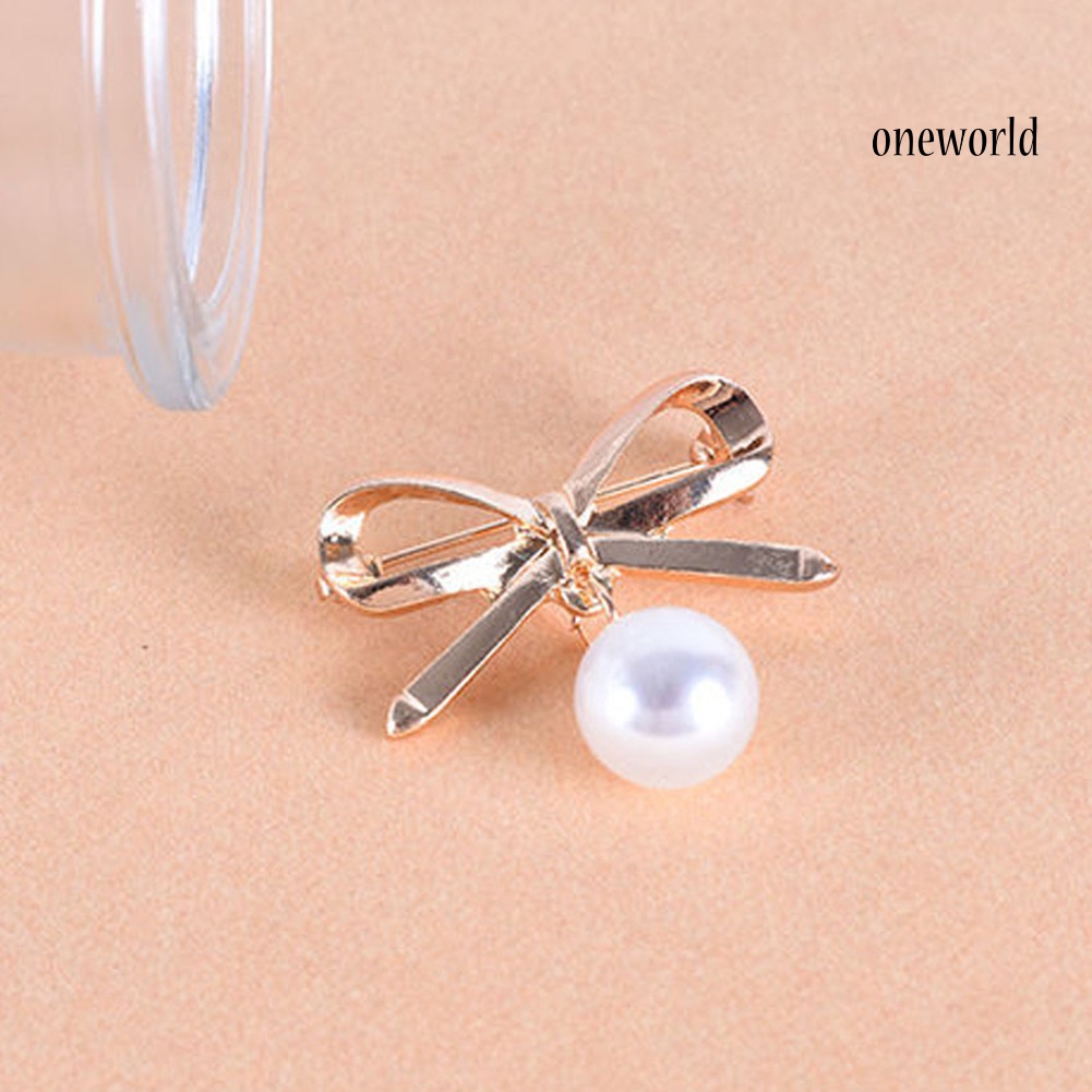 OW@ 2Pcs Women Lady Fashion Bowknot Big Faux Pearl Alloy Brooch Pins Jewelry Gift