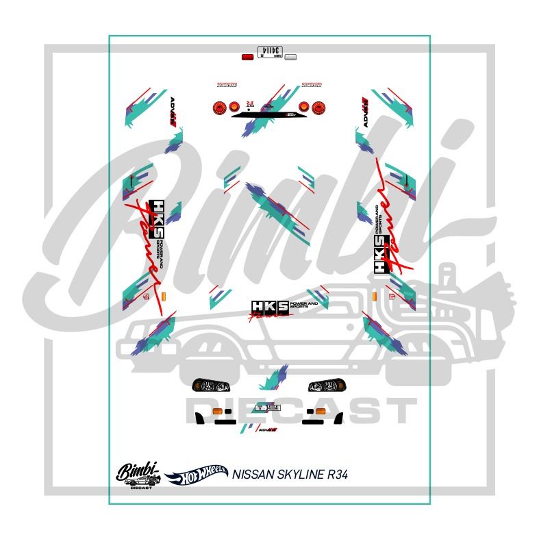 Decal r34 nissan skyline hks custom diecast hotwheels