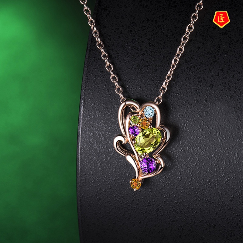 [Ready Stock]Leaf-Shaped Colorful Gemstone Pendant 18K Rose Gold Exquisite Elegant