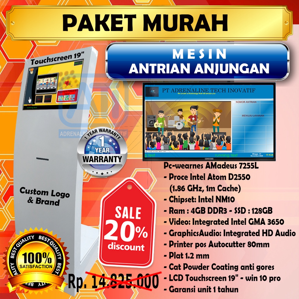 Kiosk touchscreen 19" mesin antrian anjungan murah