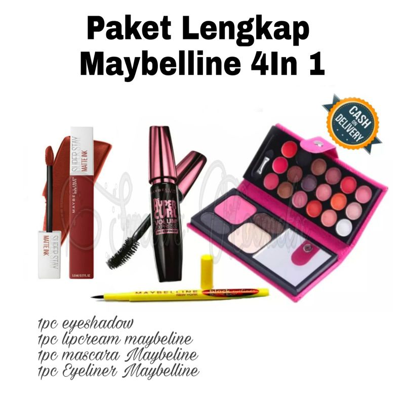 Paket Kosmetik Maybelline Lengkap Murah 5 In 1 - Paket Makeup Maybelline Lengkap Murah / PAKET LENGKAP MYBELINE 4 IN 1 [ bdkhitam, lipcream, mascara, eyeliner, piva ]