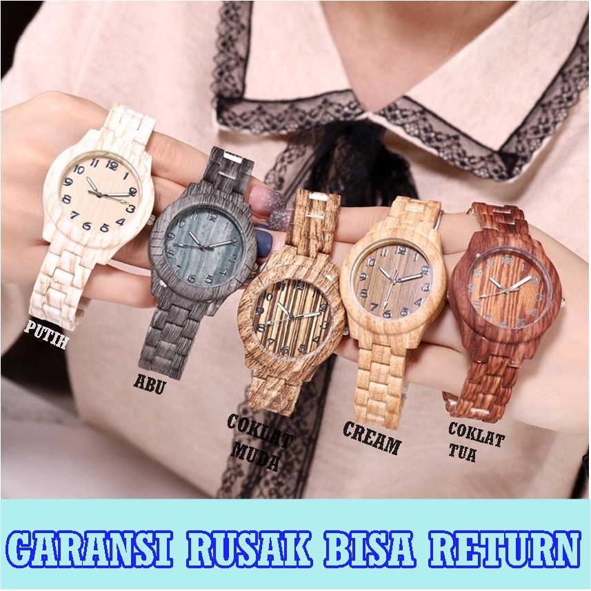 Jam Tangan Kayu Fashion Wanita Korea Casual Model Kaca Bulat Strap Kayu Quartz Analog