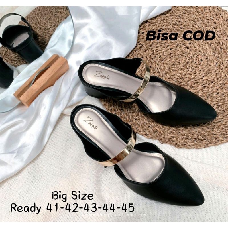 Original IMPOR / Sendal Bustong Makazi Wanita Euro Big Size 41-45 Heels Slop Formal Jumbo Khusus Kaki JUMBO Hitam, 42