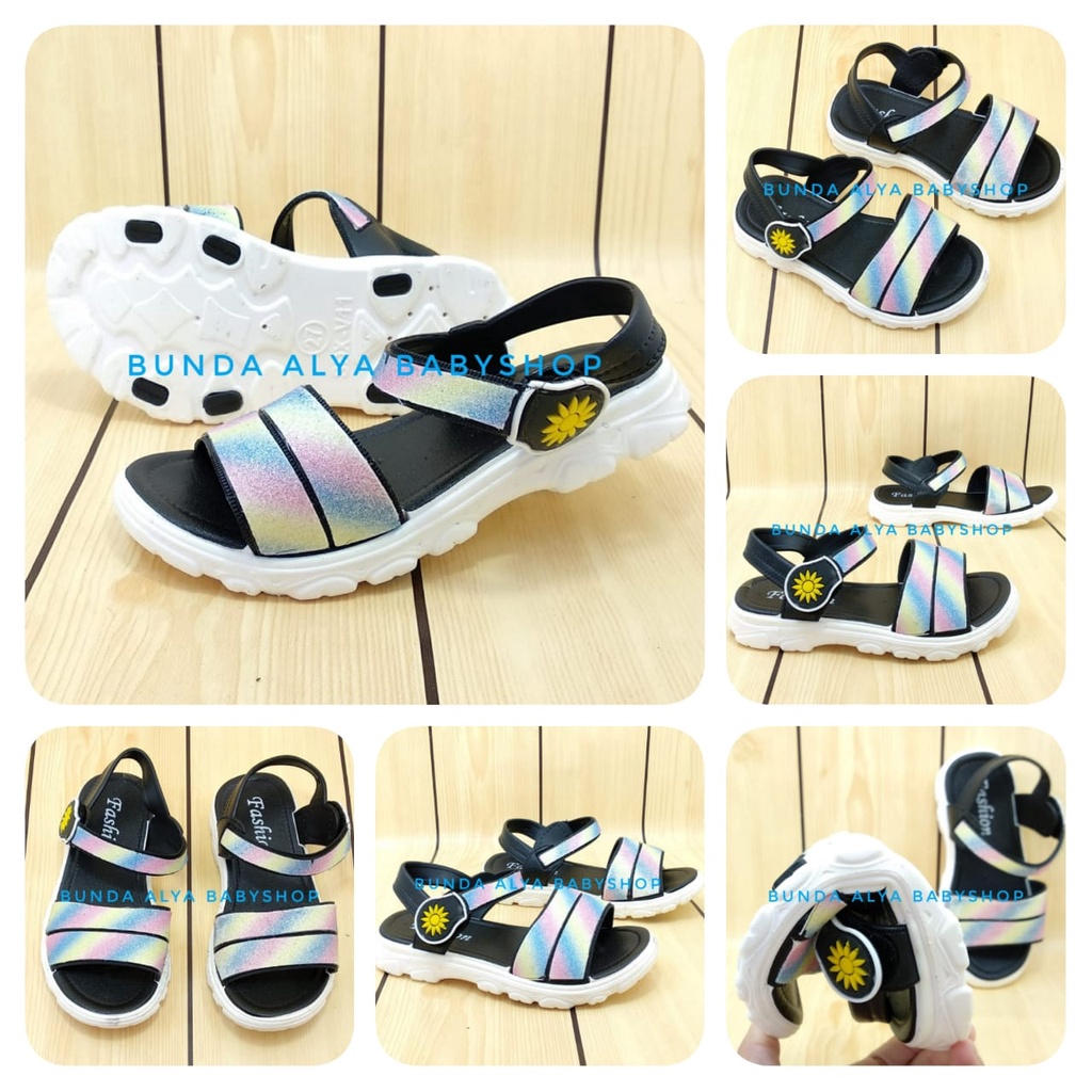 Sendal Anak Perempuan Usia 4 5 6 Tahun Glitter Pelangi HITAM Elastis - Sandal Anak Cewek Anti Licin Alas Karet RAINBOW