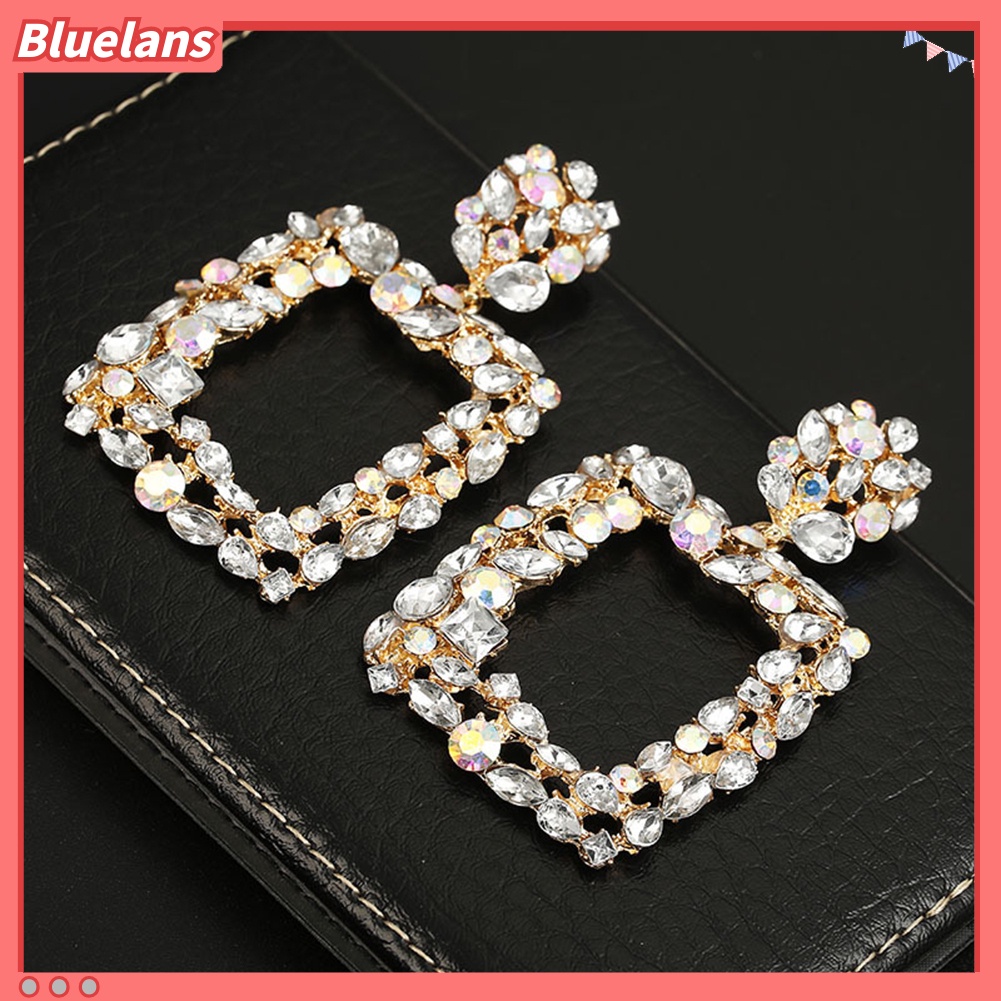 Bluelans Bohemia Women Colorful Rhinestone Hollow Square Charm Statement Stud Earrings