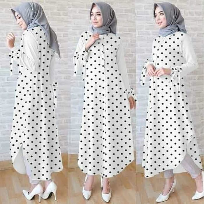 Atasan Wanita LONG TUNIK NAJIBA DM KATUN RAYON KOMBI MOTIF POLKADOT ASLI - Navy Murah
