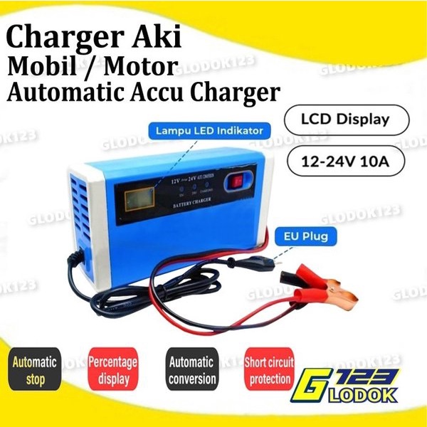 Charger Aki Portable 12-24V Volt 10A Mobil Motor Intelligent Chip LCD