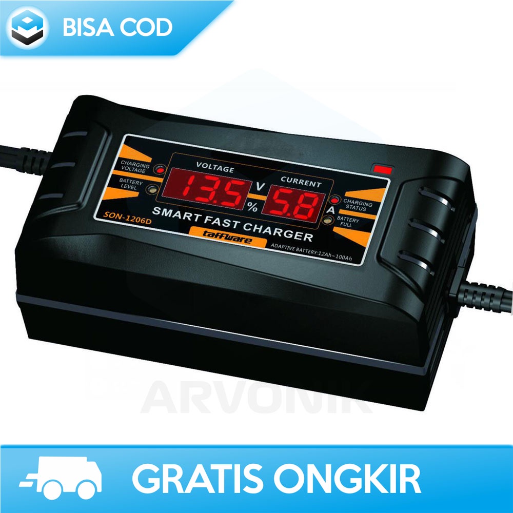 CHARGERAN AKI MOBIL WITH LCD ORIGINAL TAFFWARE 12V 6A CHIP ANTI KOSLET