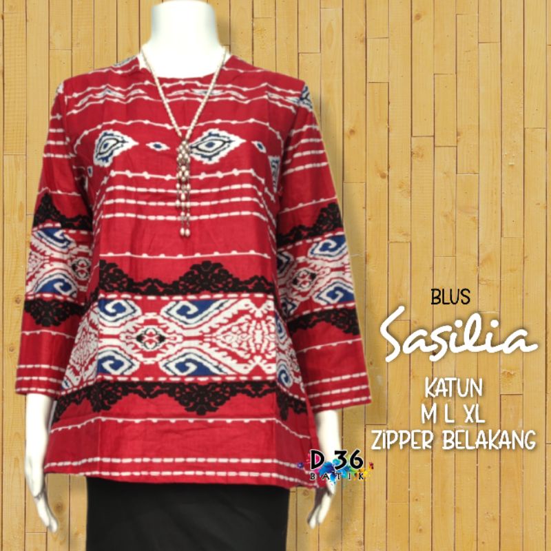Blus Blouse Sasilia Baju Atasan batik katun adem wanita remaja putri kerja kasual kantor sekolah kuliah party modern kekinian terbaru 2021-Merah