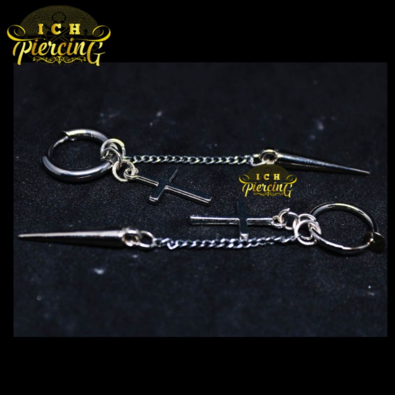 Anting Hoop gantungan model Salib Rantai  Anting Jepit dan Tindik PUNK KOREA Titanium steel