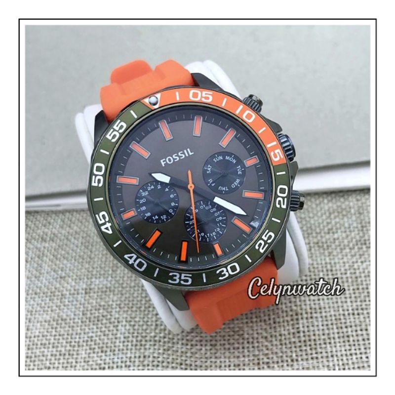 jam tangan pria fossil BQ2500 strap rubber / karet orange original