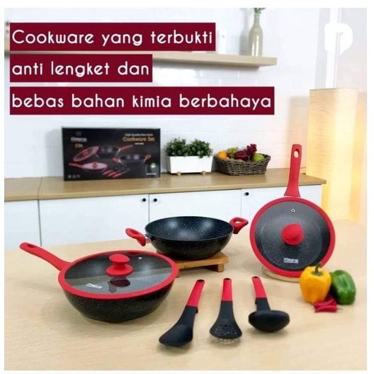Magna Home Elite Cookware Set of 8 Pcs Panci Warna Hitam Mix Merah Anti Lengket Dusdusan