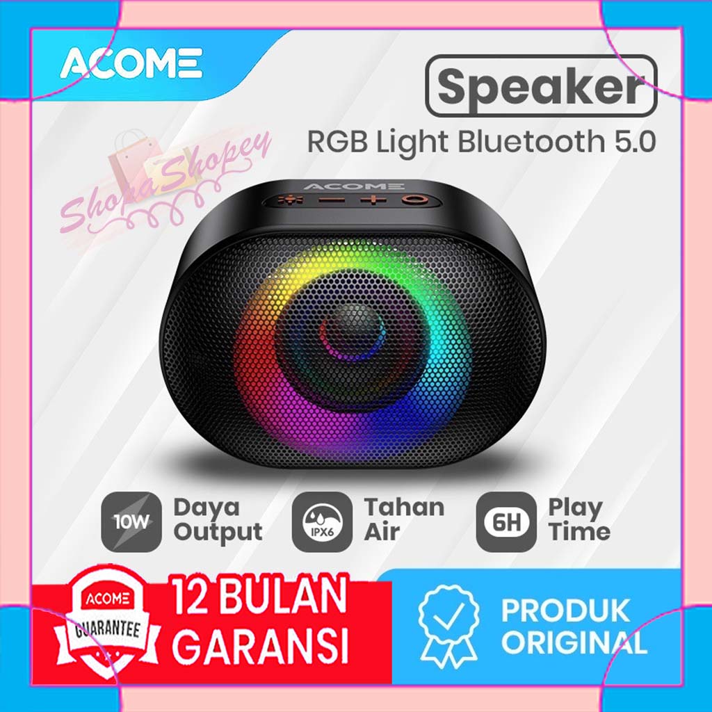 ACOME Speaker Bluetooth 5.0 TWS 10W IPX6 Waterproof RGB Light Rhyme Rave Party Garansi Resmi 1 thn A10