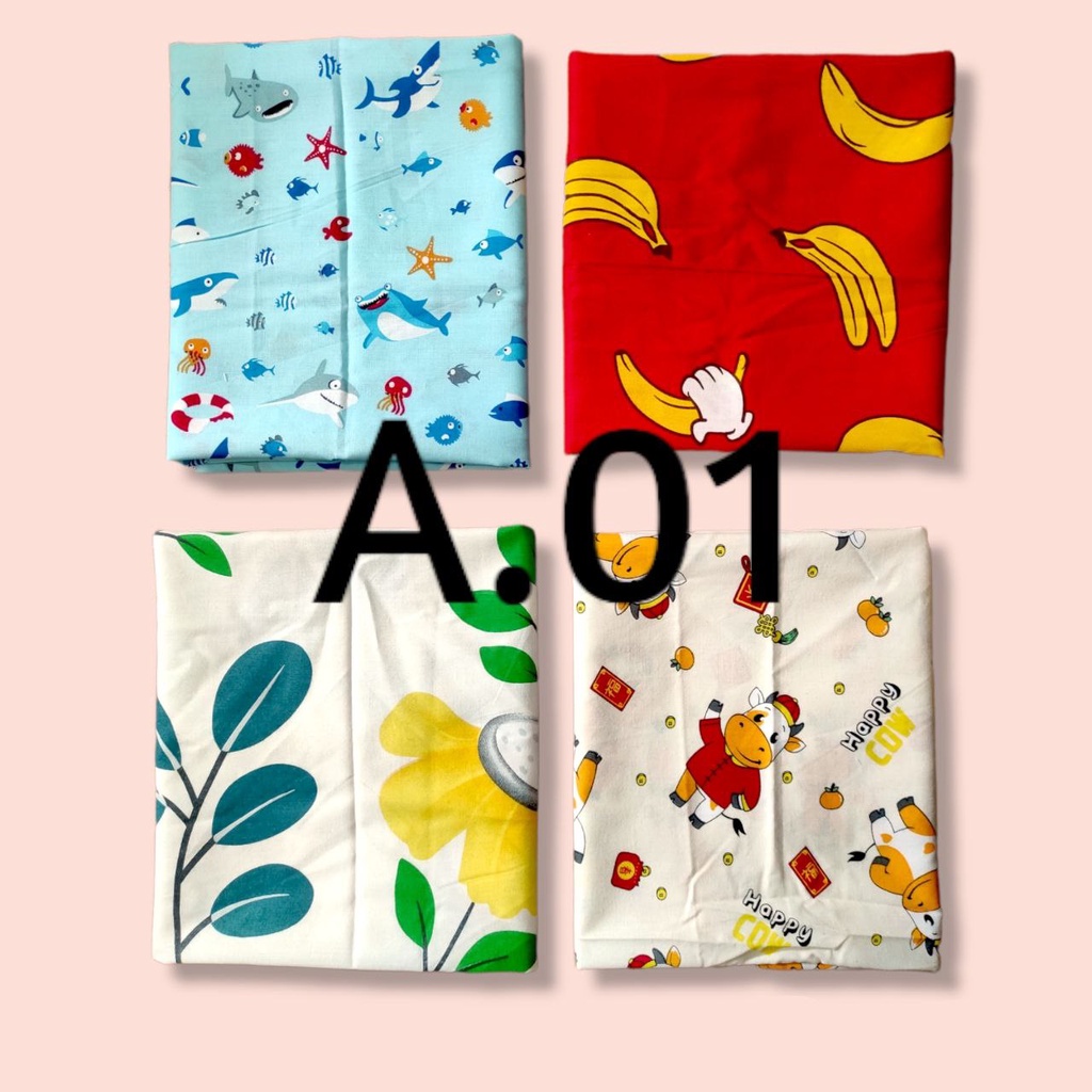 PAKET KAIN PERCA 50 X 120 x  4 motif KAIN SPREI KATUN LOKAL Motif ANAK MINIMALIS DAN BUNGA  / Bahan 