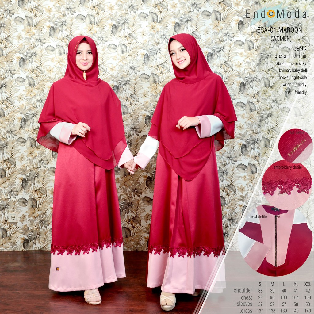 Gamis Lebaran Endomoda Sarimbit Terbaru Bestseller Set Jilbab Bahan Katun Busui Friendly Esa 01