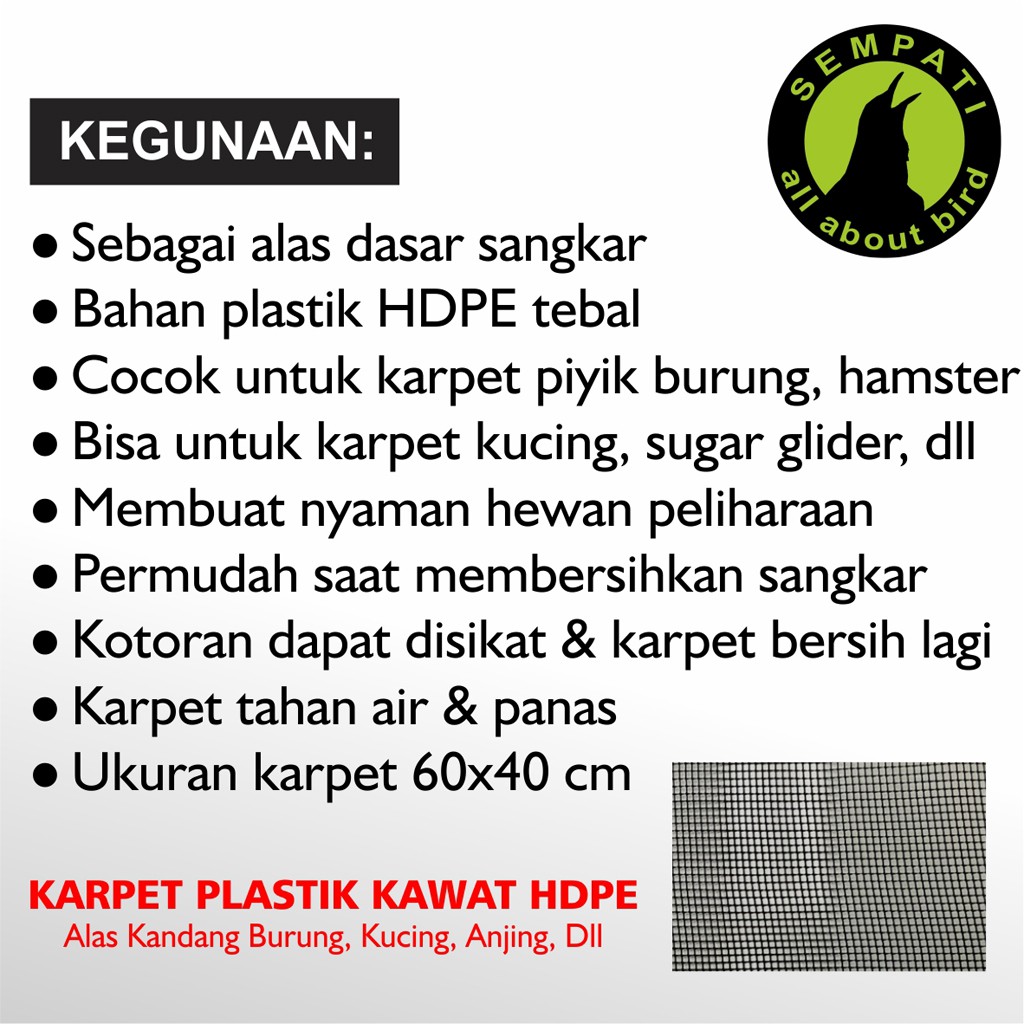 ALAS KANDANG KARPET SANGKAR UMBARAN BURUNG PIYIK PLASTIK HDPE 60X40CM ALAS KANDANG KUCING ANJING JRS-4