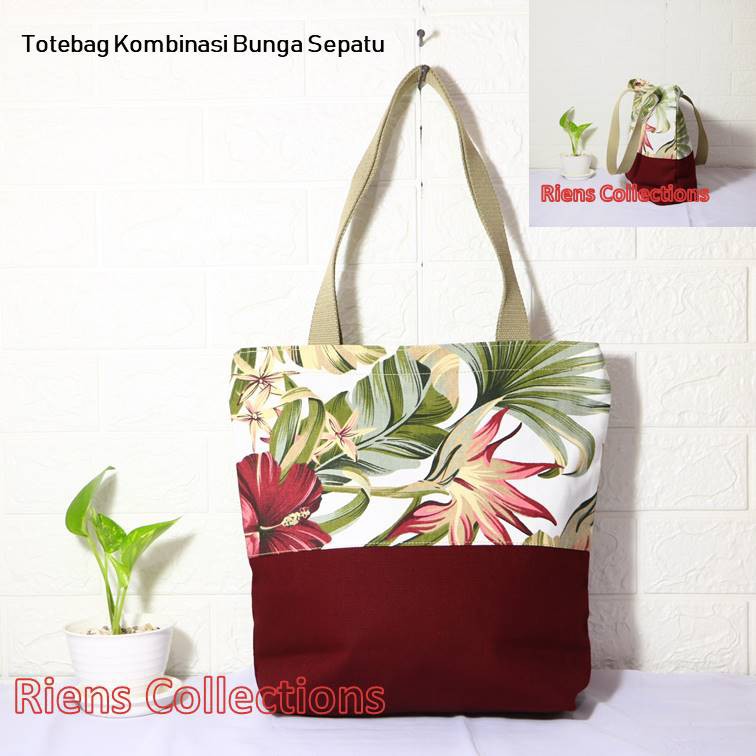 TAS KANVAS TOTEBAG KANVAS KOMBINASI MOTIF BUNGA SEPATU. Riens Collections