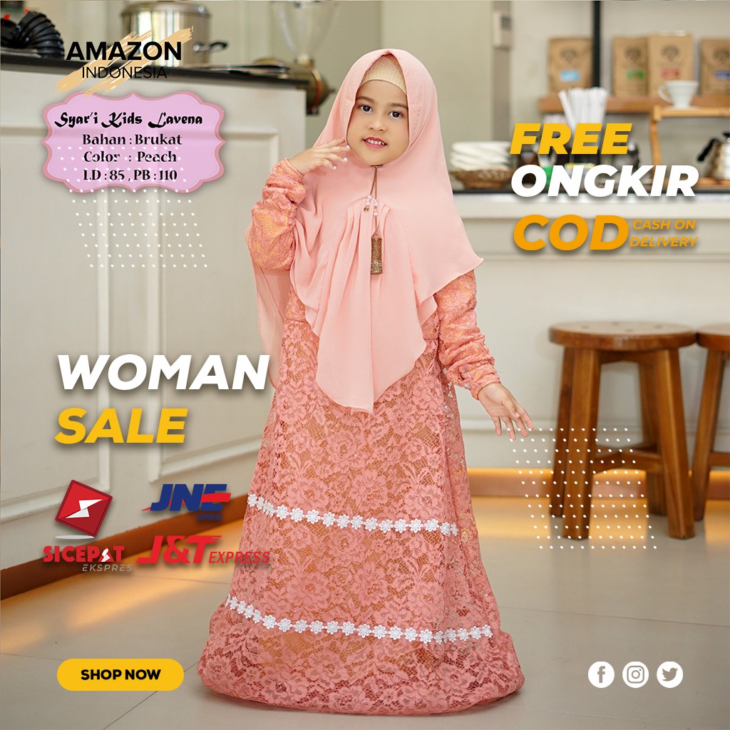 PAKAIAN MUSLIM ANAK PEREMPUAN WARNA PEACH BAHAN BRUKAT GLITTER KOMBINASI RENDA MEWAH IMPORT BAGUS