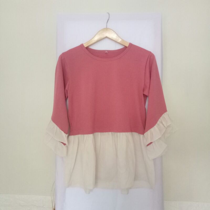 Blouse Atasan Crepe mix Katun Pink Putih Rempel Preloved