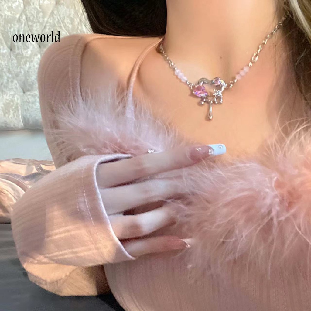 |Onwo Dress Mini Lengan Pendek Untuk Wanita| Kalung Choker Manik-Manik Bentuk Hati Bahan Cubic Zirconia Warna Pink Untuk Wanita